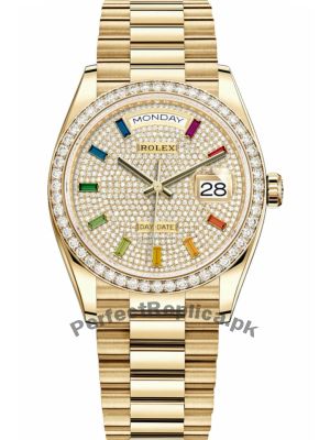 Rolex Day-Date Yellow Gold 128348RBR Pave Rainbow Diamond Dial Watch Price in Pakistan