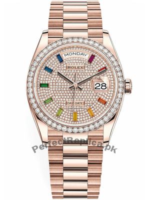 Rolex Day-Date Rainbow Pave Diamond Dial Rose Gold 128345RBR-0042 Watch Price in Pakistan