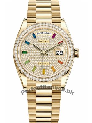 Rolex Day-Date Yellow Gold 128348RBR Pave Rainbow Diamond Dial Watch Price in Pakistan